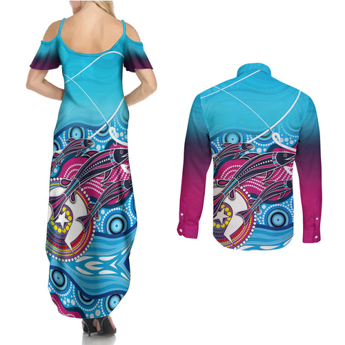 australia-fishing-couples-matching-summer-maxi-dress-and-long-sleeve-button-shirts-fishaholic-with-the-dhari-symbol-and-aboriginal-pattern