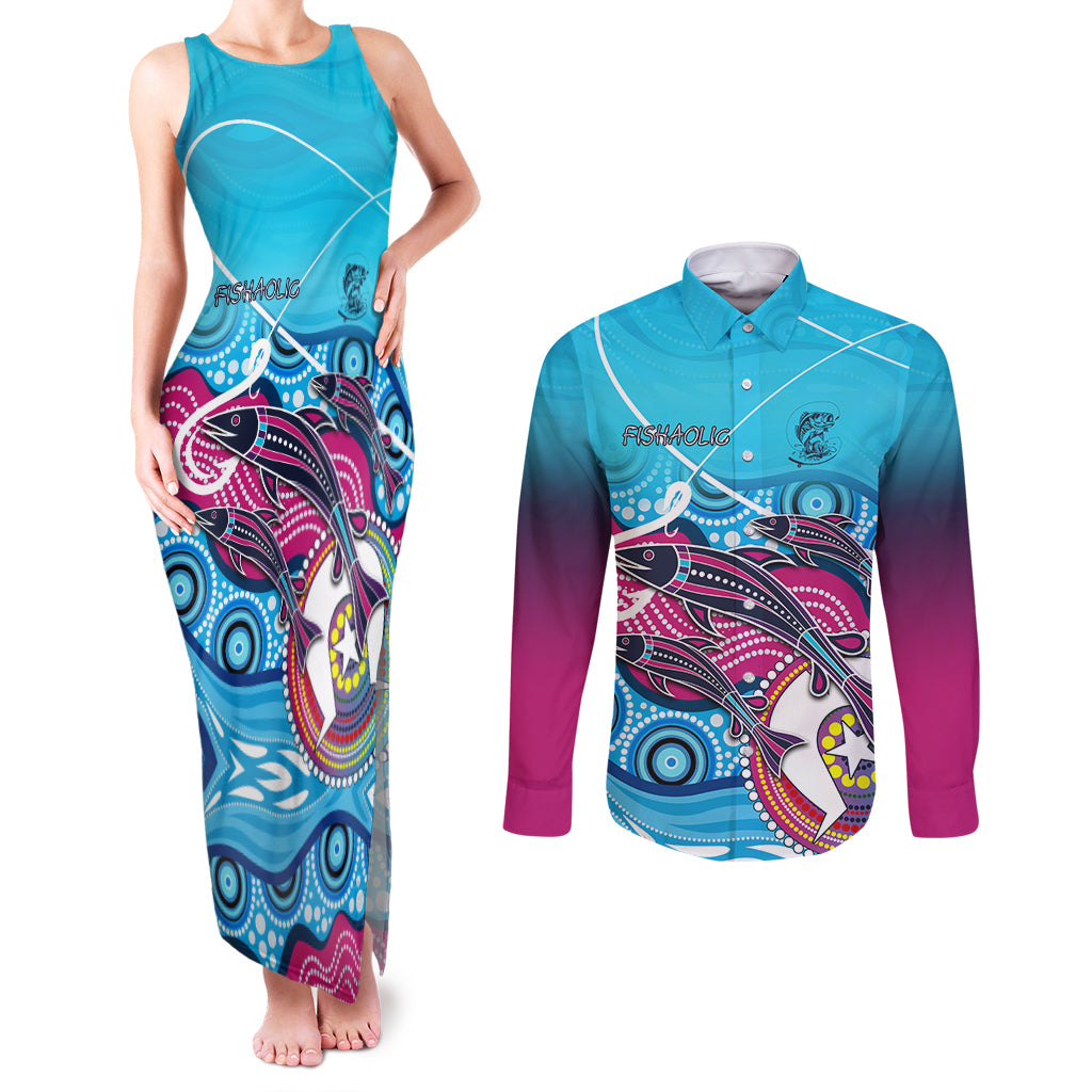 australia-fishing-couples-matching-tank-maxi-dress-and-long-sleeve-button-shirts-fishaholic-with-the-dhari-symbol-and-aboriginal-pattern