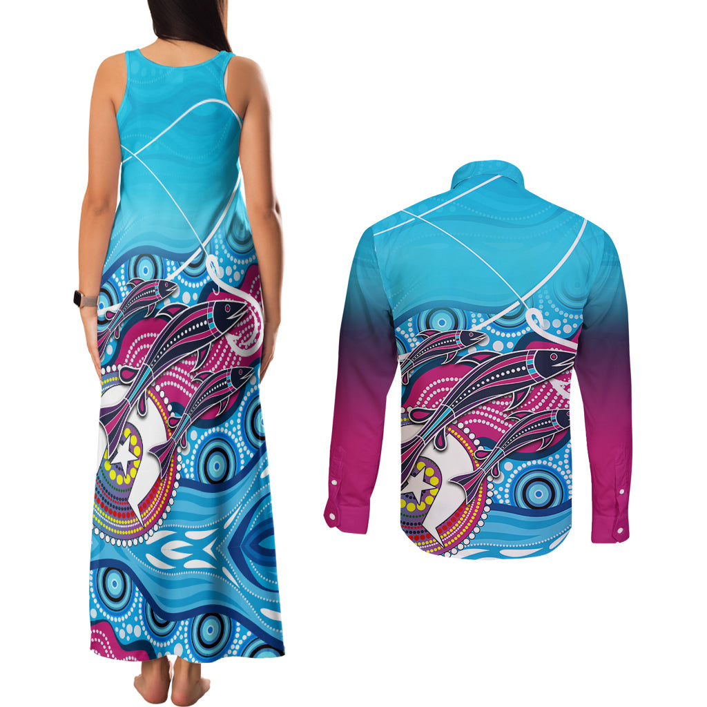 australia-fishing-couples-matching-tank-maxi-dress-and-long-sleeve-button-shirts-fishaholic-with-the-dhari-symbol-and-aboriginal-pattern