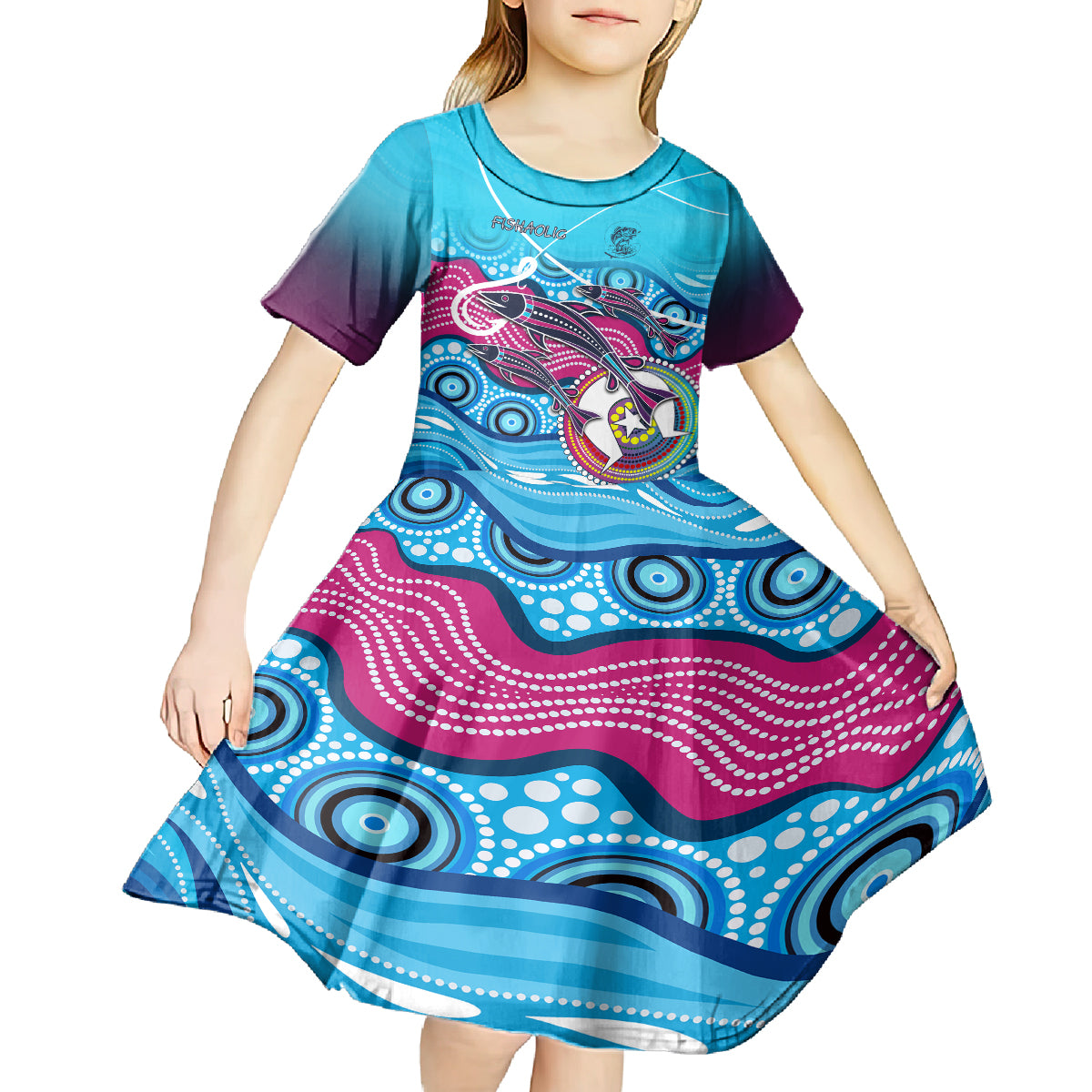 australia-fishing-kid-short-sleeve-dress-fishaholic-with-the-dhari-symbol-and-aboriginal-pattern