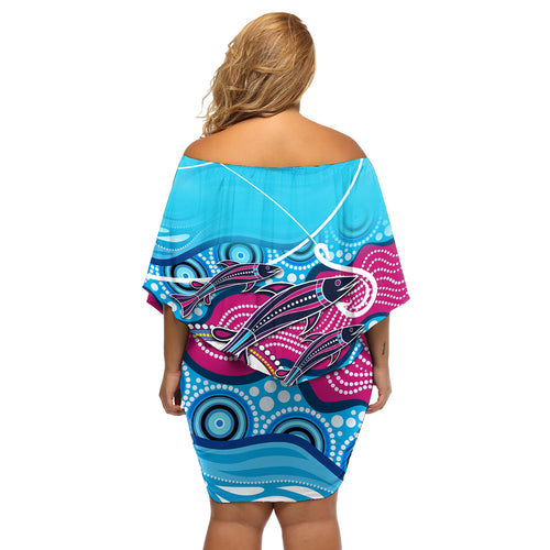 australia-fishing-off-shoulder-short-dress-fishaholic-with-the-dhari-symbol-and-aboriginal-pattern