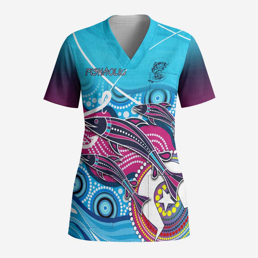 Australia Fishing Scrub Top Fishaholic With The Dhari Symbol And Aboriginal Pattern - Aussie Hoodie