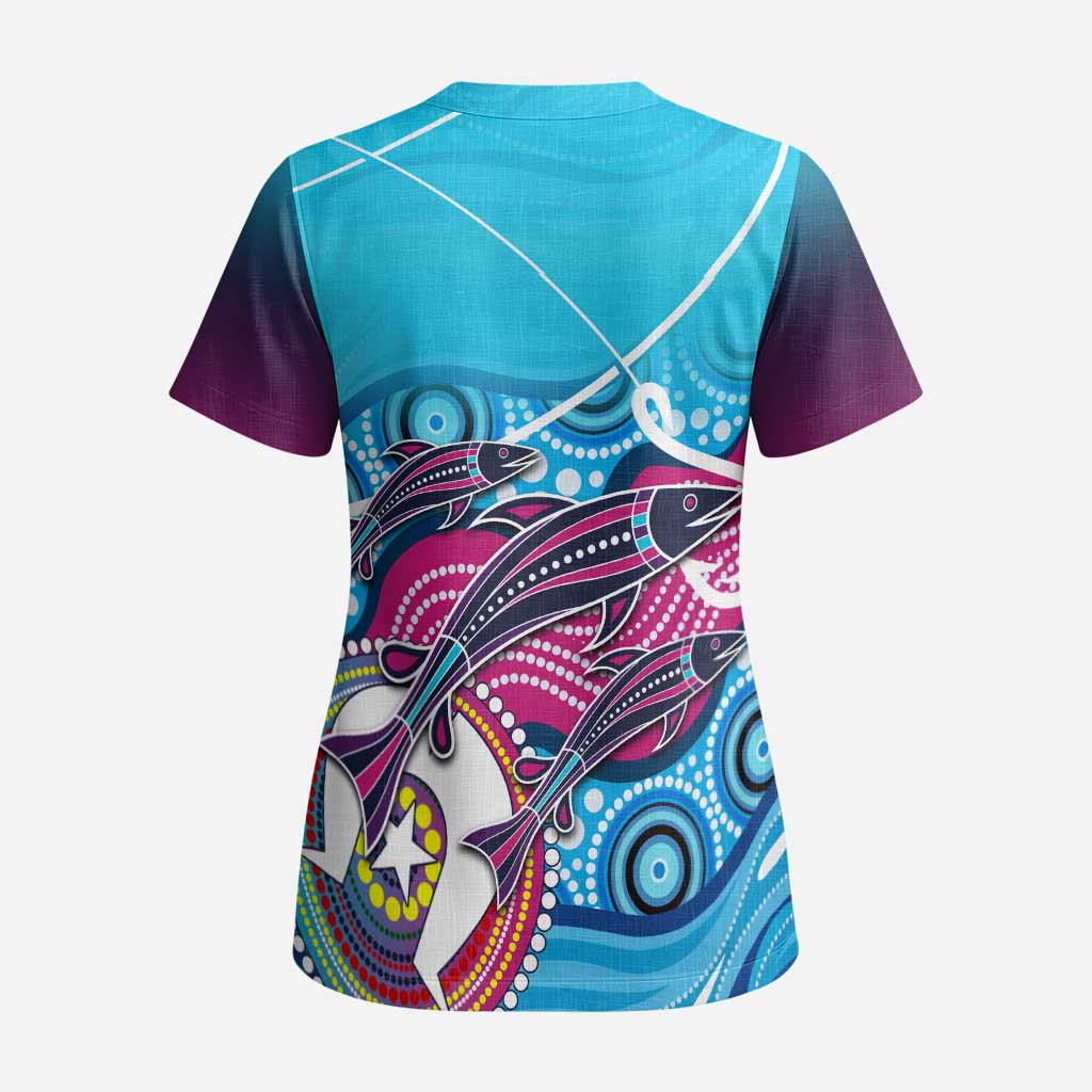 Australia Fishing Scrub Top Fishaholic With The Dhari Symbol And Aboriginal Pattern - Aussie Hoodie