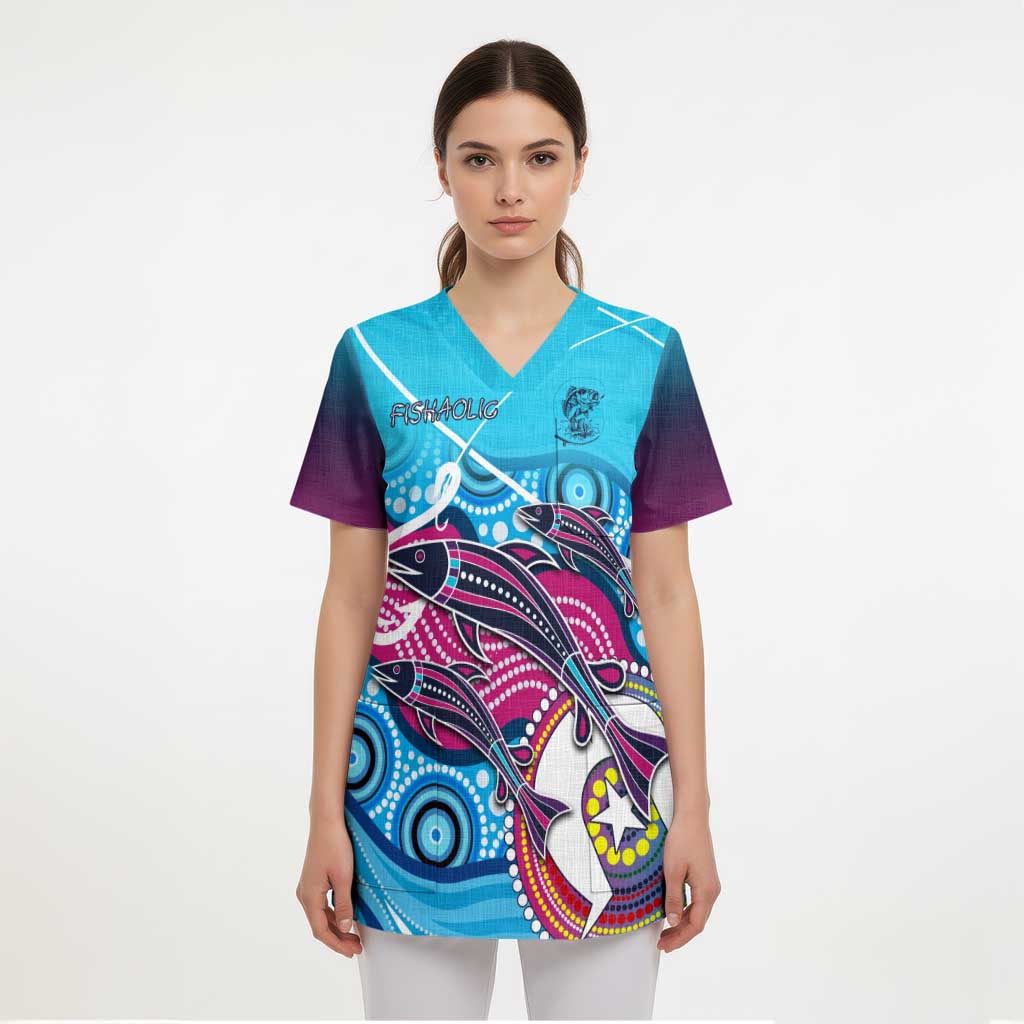 Australia Fishing Scrub Top Fishaholic With The Dhari Symbol And Aboriginal Pattern - Aussie Hoodie