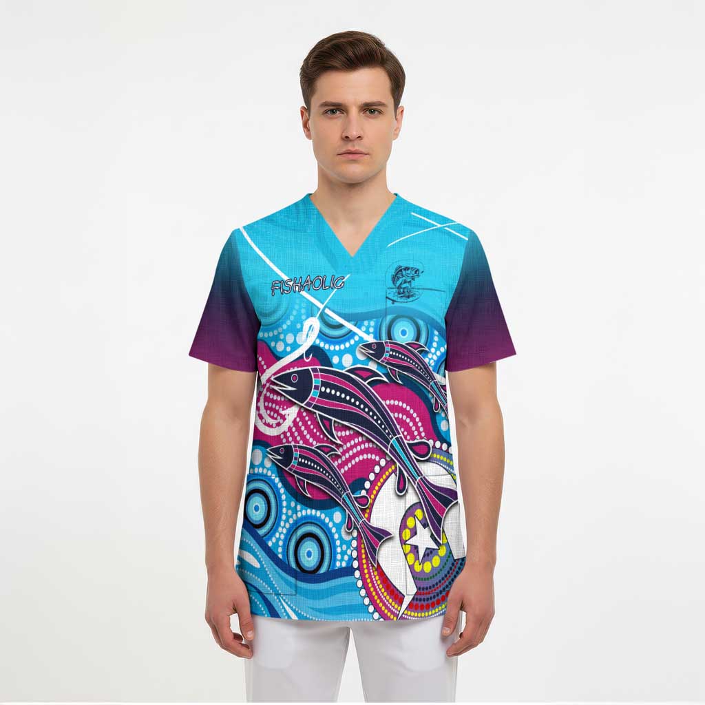 Australia Fishing Scrub Top Fishaholic With The Dhari Symbol And Aboriginal Pattern - Aussie Hoodie