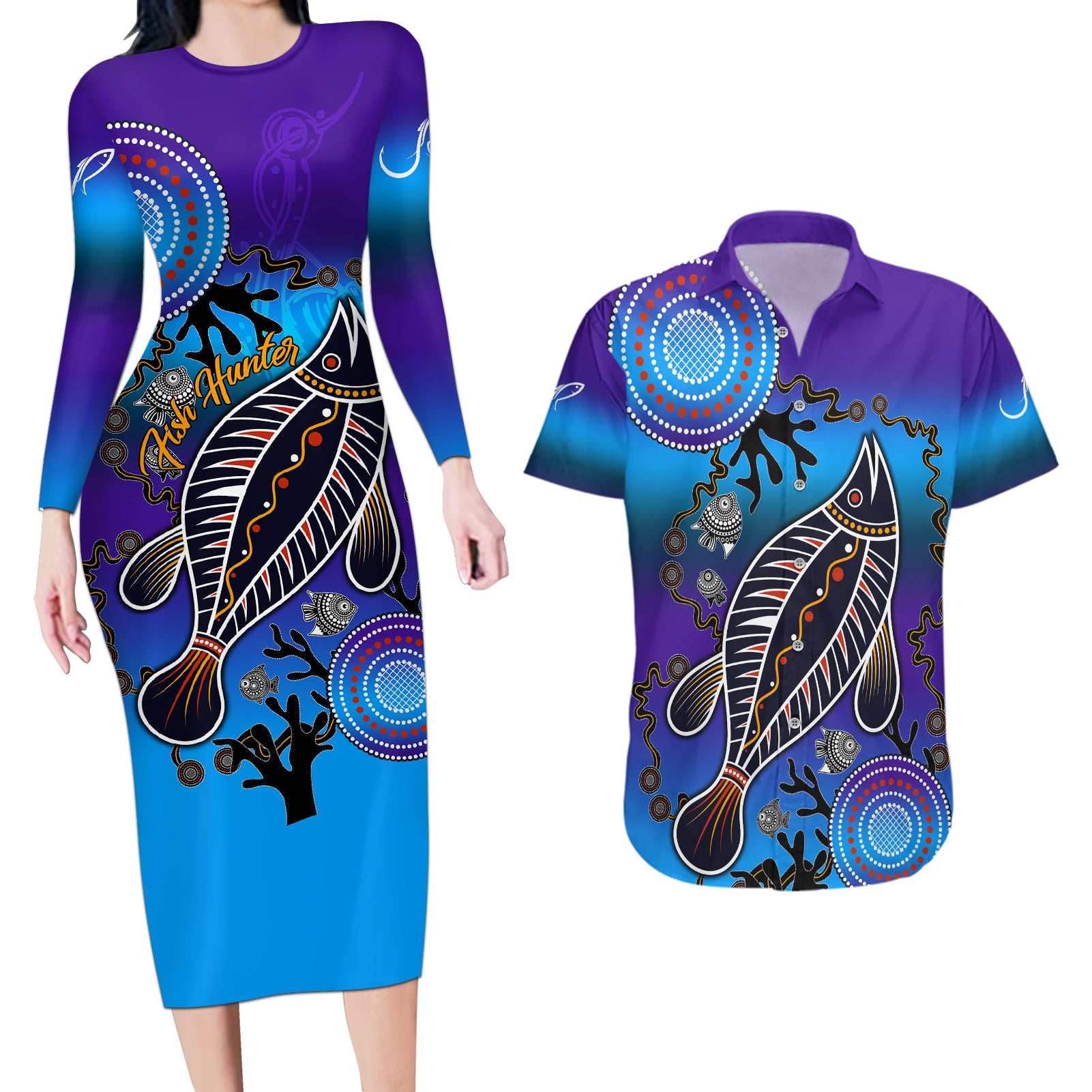 australia-fishing-couples-matching-long-sleeve-bodycon-dress-and-hawaiian-shirt-hooked-on-fishing-with-aboriginal-patterns