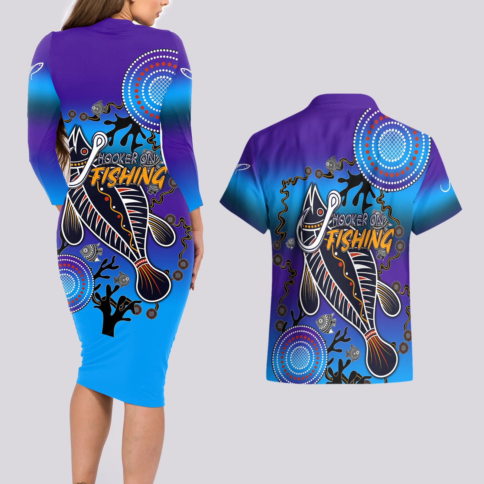 australia-fishing-couples-matching-long-sleeve-bodycon-dress-and-hawaiian-shirt-hooked-on-fishing-with-aboriginal-patterns