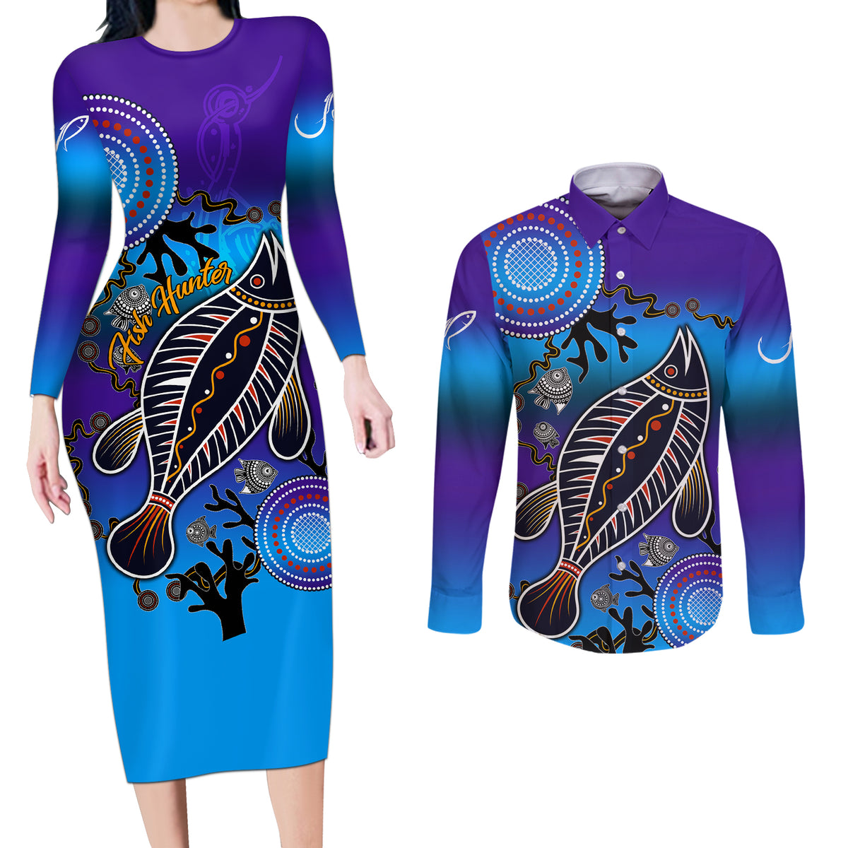 australia-fishing-couples-matching-long-sleeve-bodycon-dress-and-long-sleeve-button-shirts-hooked-on-fishing-with-aboriginal-patterns