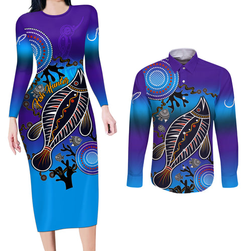 australia-fishing-couples-matching-long-sleeve-bodycon-dress-and-long-sleeve-button-shirts-hooked-on-fishing-with-aboriginal-patterns