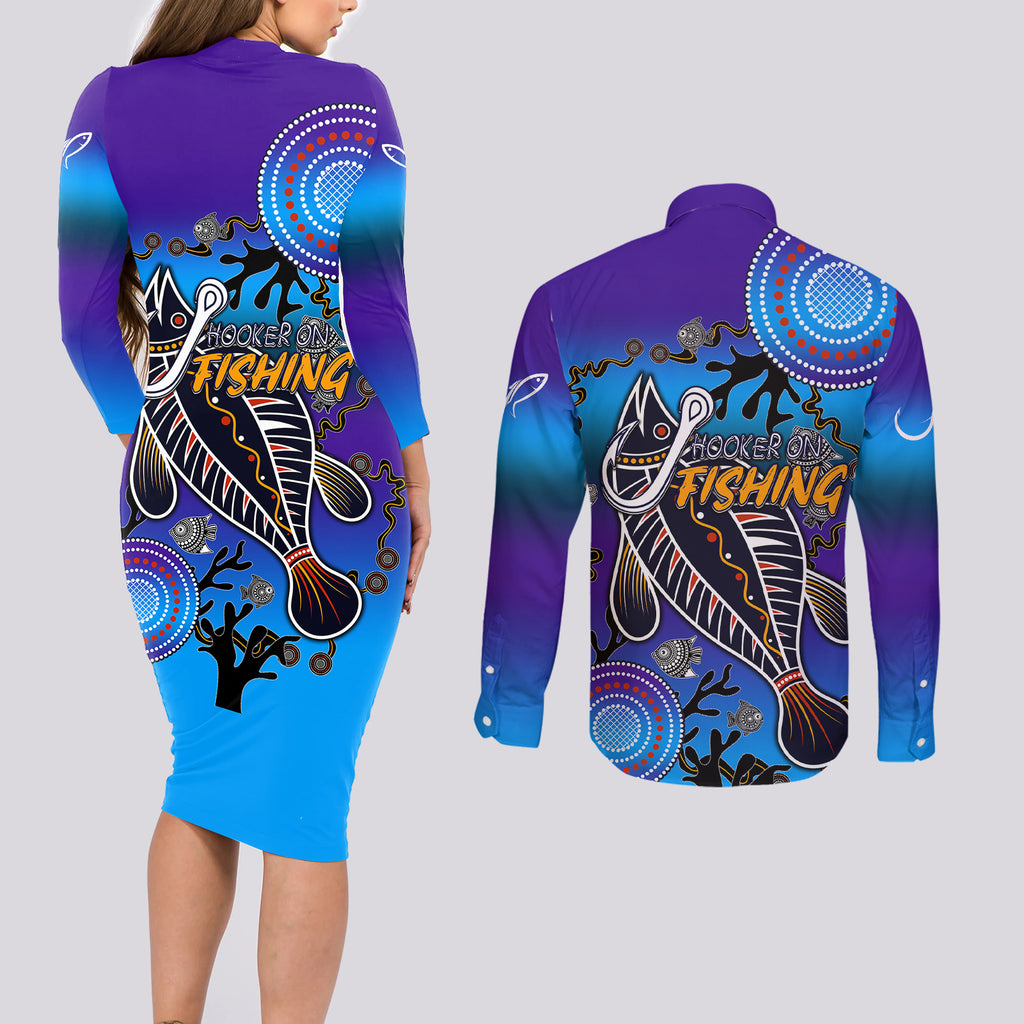 australia-fishing-couples-matching-long-sleeve-bodycon-dress-and-long-sleeve-button-shirts-hooked-on-fishing-with-aboriginal-patterns