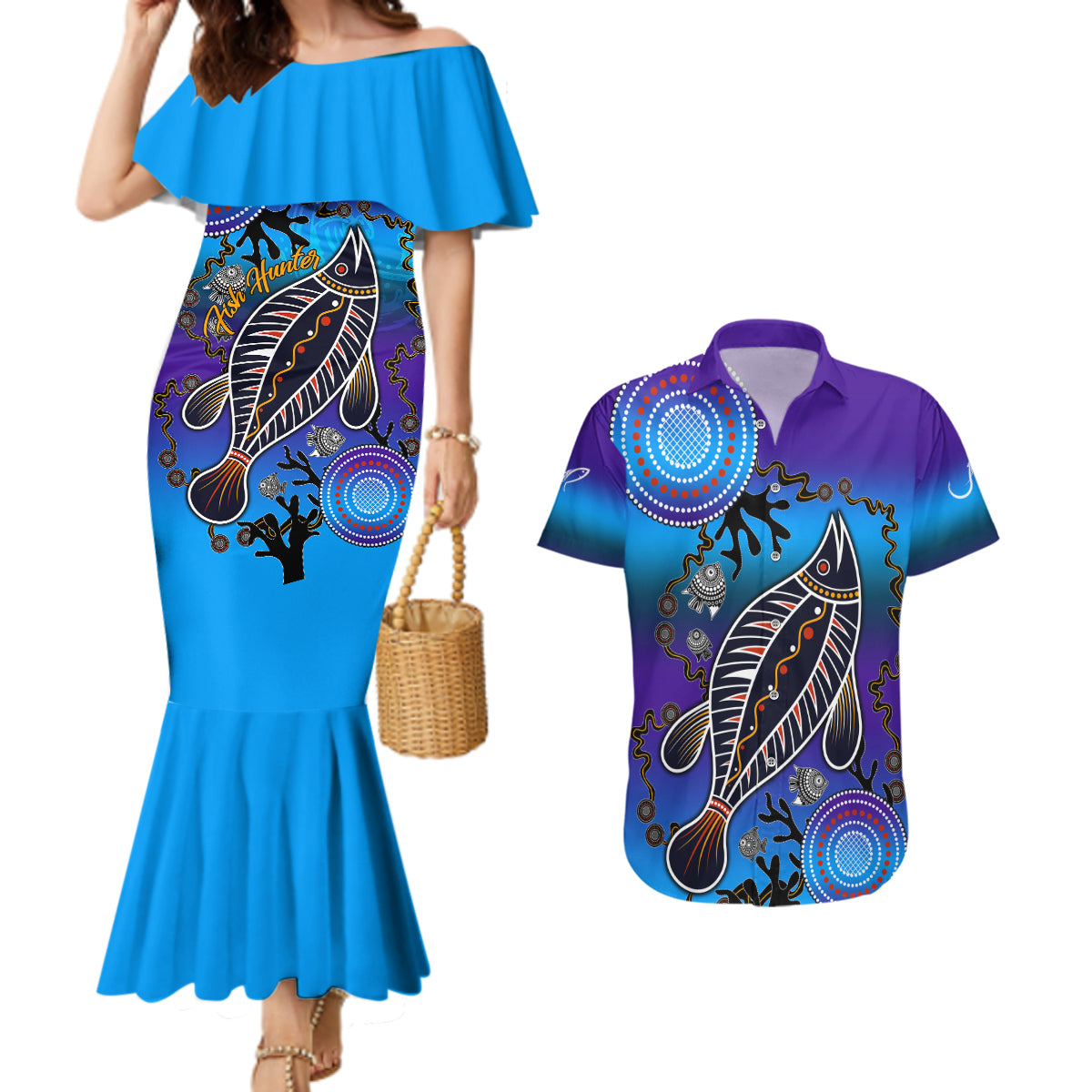 australia-fishing-couples-matching-mermaid-dress-and-hawaiian-shirt-hooked-on-fishing-with-aboriginal-patterns