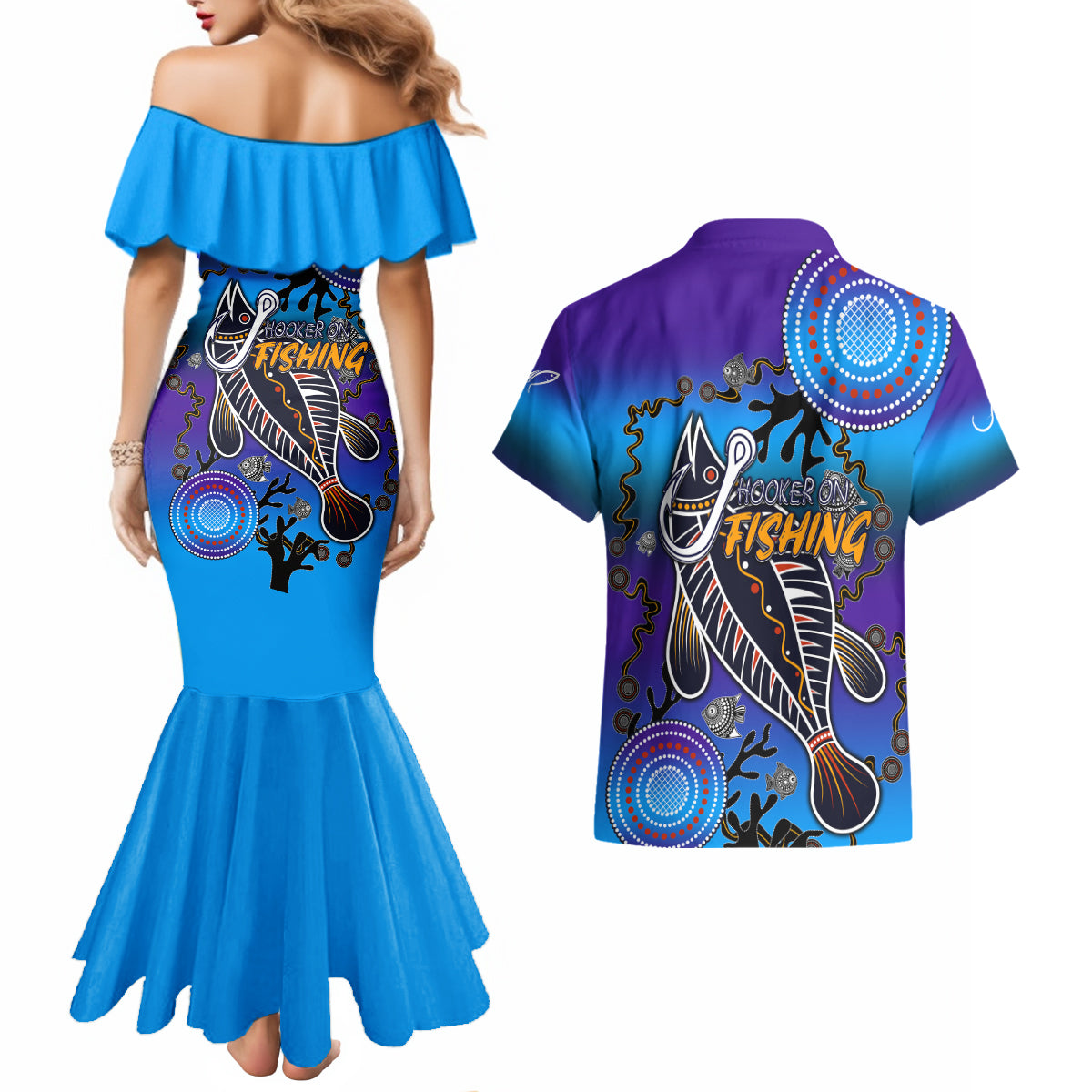 australia-fishing-couples-matching-mermaid-dress-and-hawaiian-shirt-hooked-on-fishing-with-aboriginal-patterns