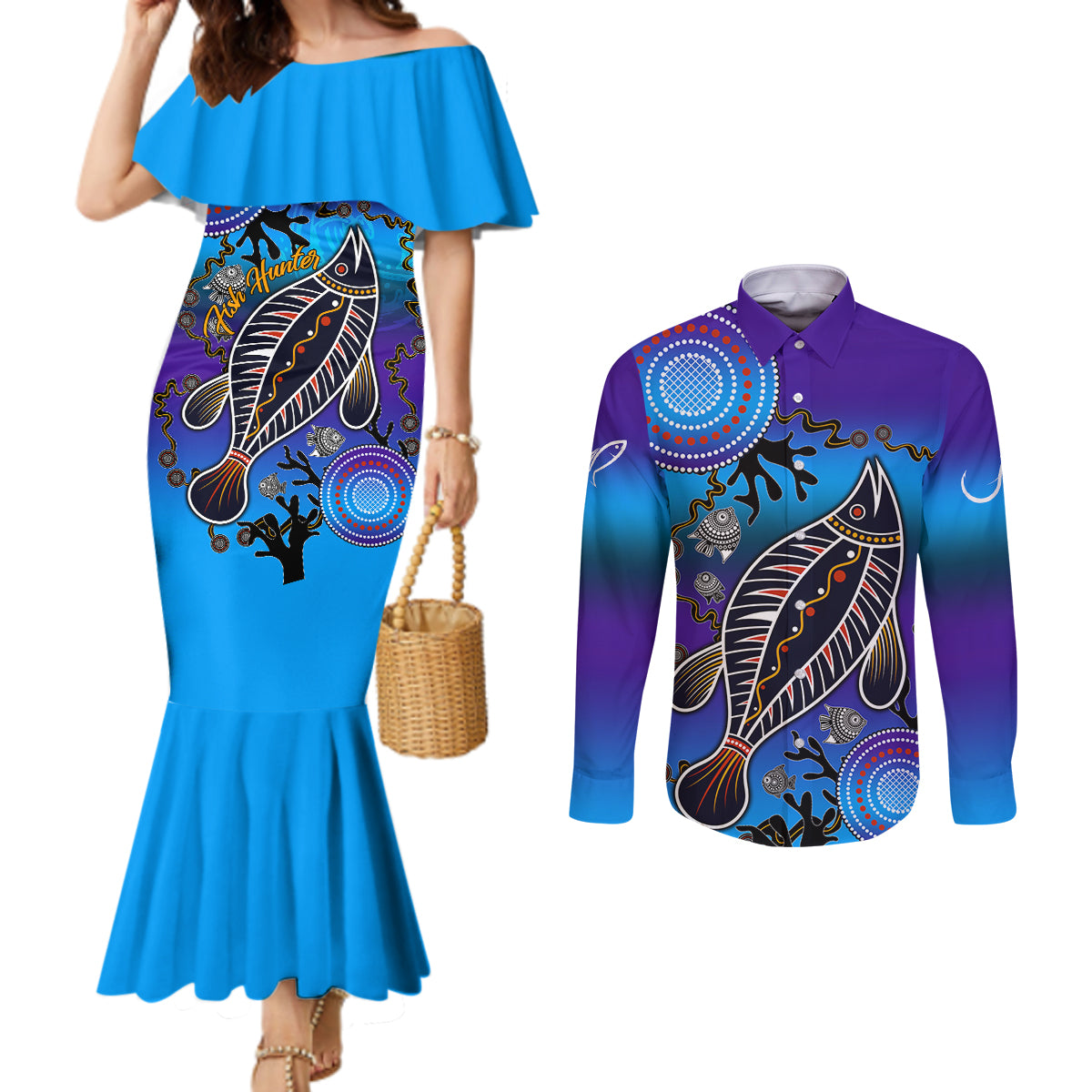 australia-fishing-couples-matching-mermaid-dress-and-long-sleeve-button-shirts-hooked-on-fishing-with-aboriginal-patterns