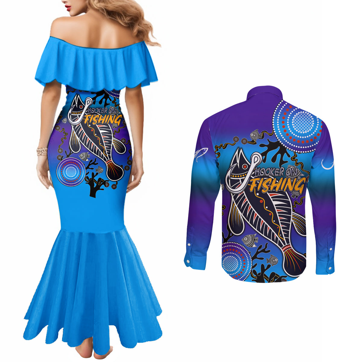australia-fishing-couples-matching-mermaid-dress-and-long-sleeve-button-shirts-hooked-on-fishing-with-aboriginal-patterns