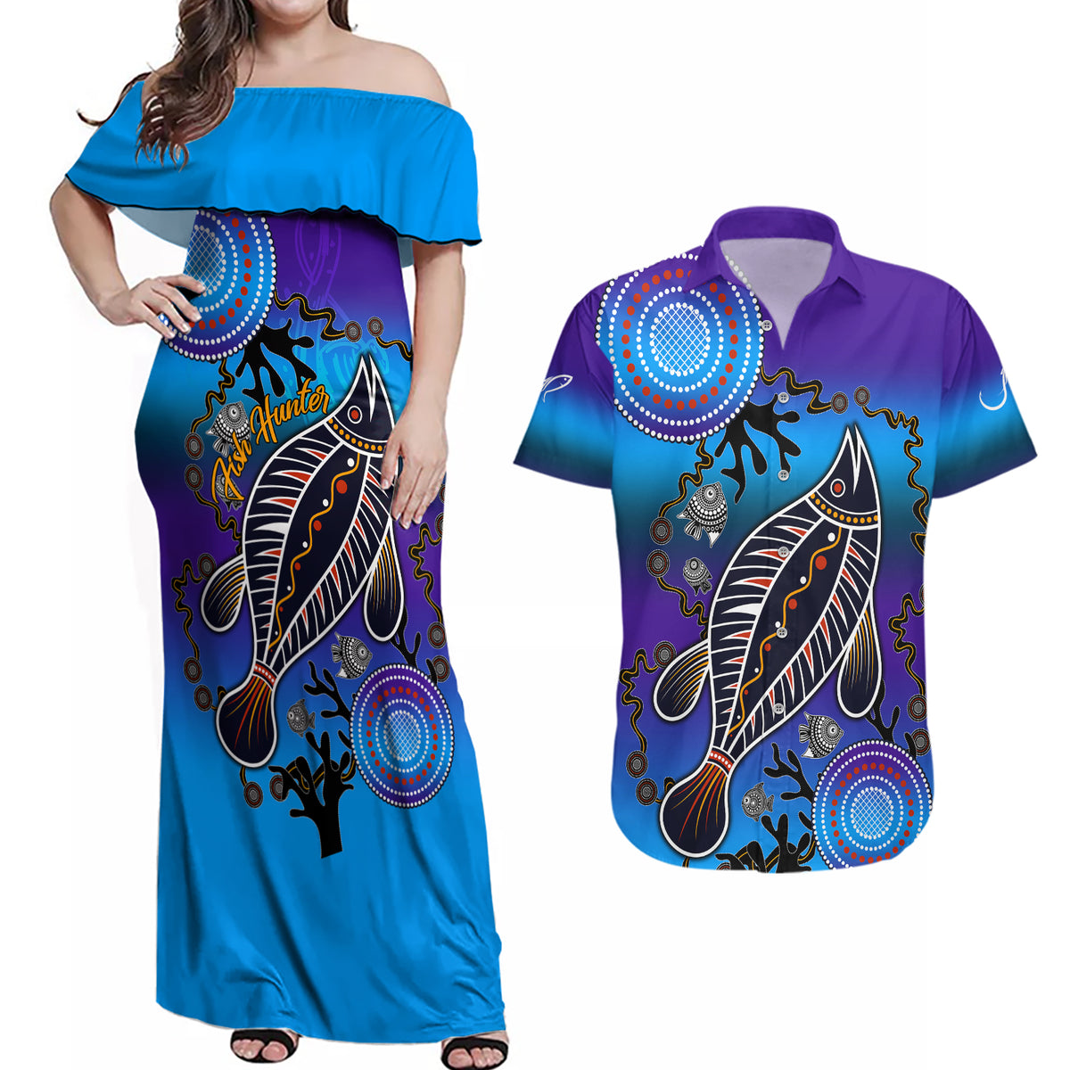 australia-fishing-couples-matching-off-shoulder-maxi-dress-and-hawaiian-shirt-hooked-on-fishing-with-aboriginal-patterns