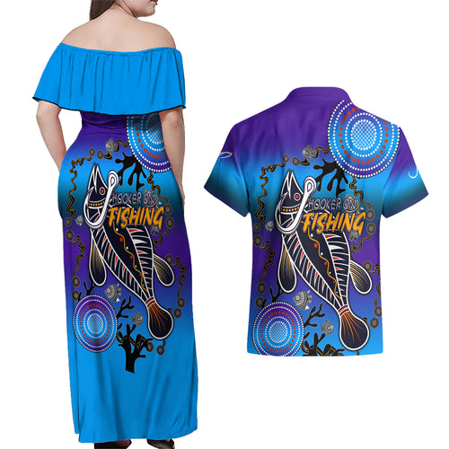 australia-fishing-couples-matching-off-shoulder-maxi-dress-and-hawaiian-shirt-hooked-on-fishing-with-aboriginal-patterns