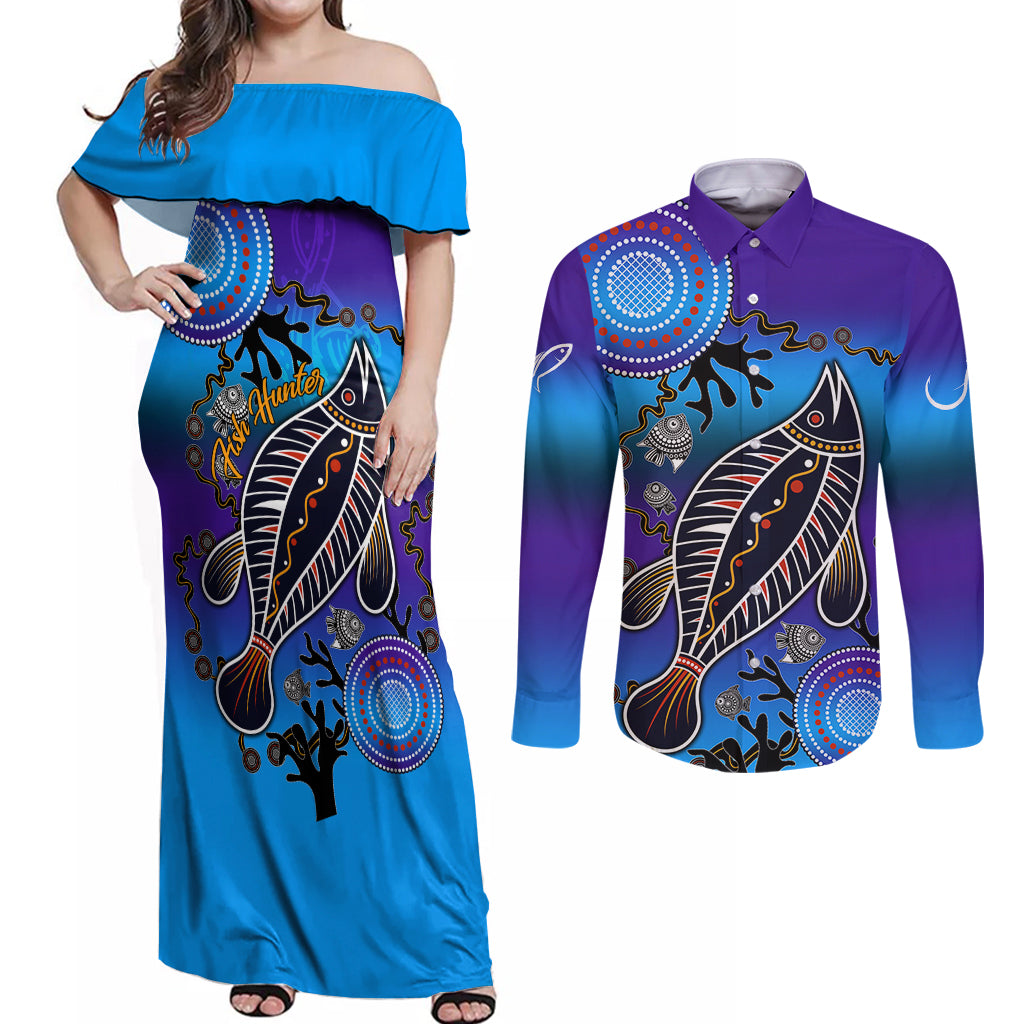 australia-fishing-couples-matching-off-shoulder-maxi-dress-and-long-sleeve-button-shirts-hooked-on-fishing-with-aboriginal-patterns