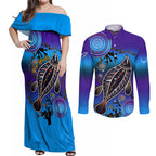australia-fishing-couples-matching-off-shoulder-maxi-dress-and-long-sleeve-button-shirts-hooked-on-fishing-with-aboriginal-patterns