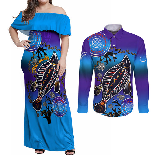 australia-fishing-couples-matching-off-shoulder-maxi-dress-and-long-sleeve-button-shirts-hooked-on-fishing-with-aboriginal-patterns