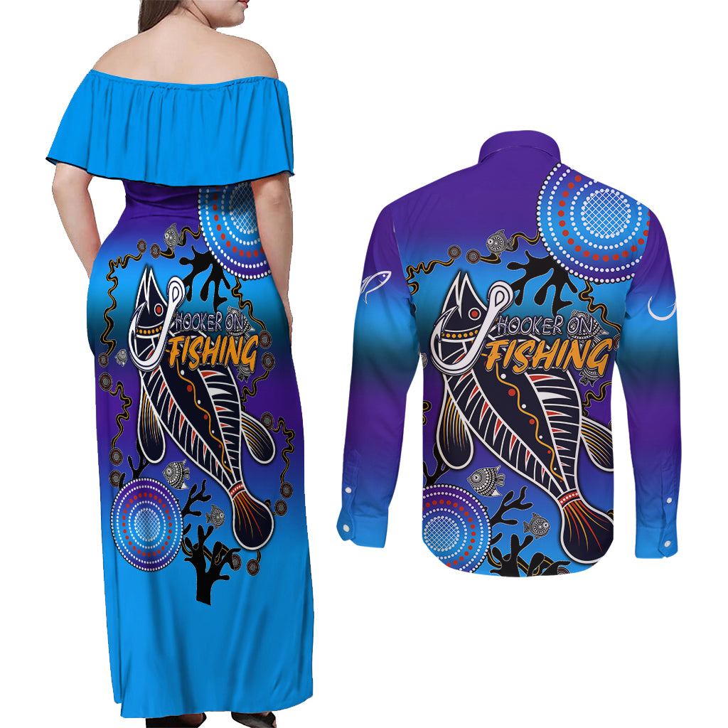 australia-fishing-couples-matching-off-shoulder-maxi-dress-and-long-sleeve-button-shirts-hooked-on-fishing-with-aboriginal-patterns
