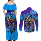 australia-fishing-couples-matching-off-shoulder-maxi-dress-and-long-sleeve-button-shirts-hooked-on-fishing-with-aboriginal-patterns