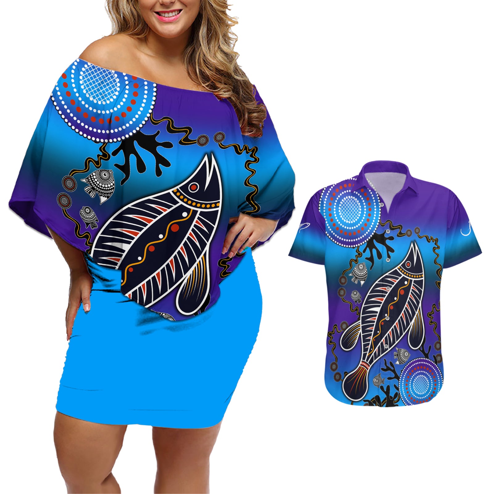 australia-fishing-couples-matching-off-shoulder-short-dress-and-hawaiian-shirt-hooked-on-fishing-with-aboriginal-patterns