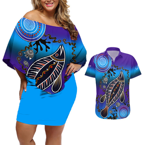 australia-fishing-couples-matching-off-shoulder-short-dress-and-hawaiian-shirt-hooked-on-fishing-with-aboriginal-patterns
