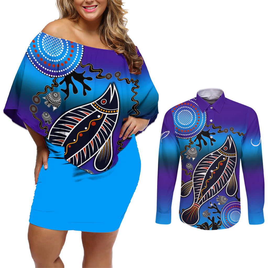 australia-fishing-couples-matching-off-shoulder-short-dress-and-long-sleeve-button-shirts-hooked-on-fishing-with-aboriginal-patterns