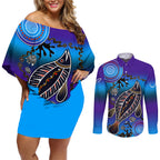 australia-fishing-couples-matching-off-shoulder-short-dress-and-long-sleeve-button-shirts-hooked-on-fishing-with-aboriginal-patterns