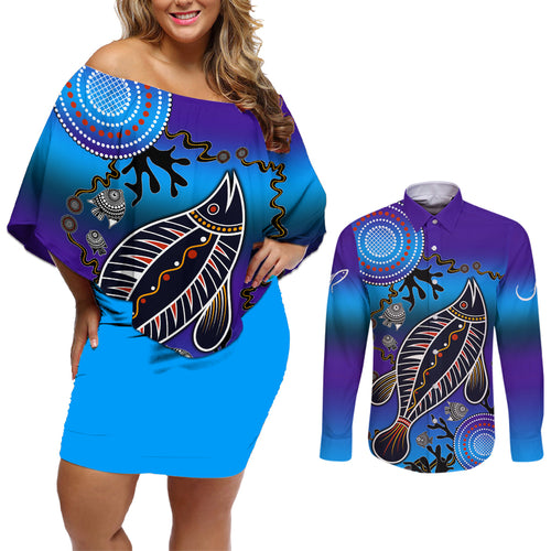 australia-fishing-couples-matching-off-shoulder-short-dress-and-long-sleeve-button-shirts-hooked-on-fishing-with-aboriginal-patterns