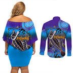 australia-fishing-couples-matching-off-shoulder-short-dress-and-long-sleeve-button-shirts-hooked-on-fishing-with-aboriginal-patterns