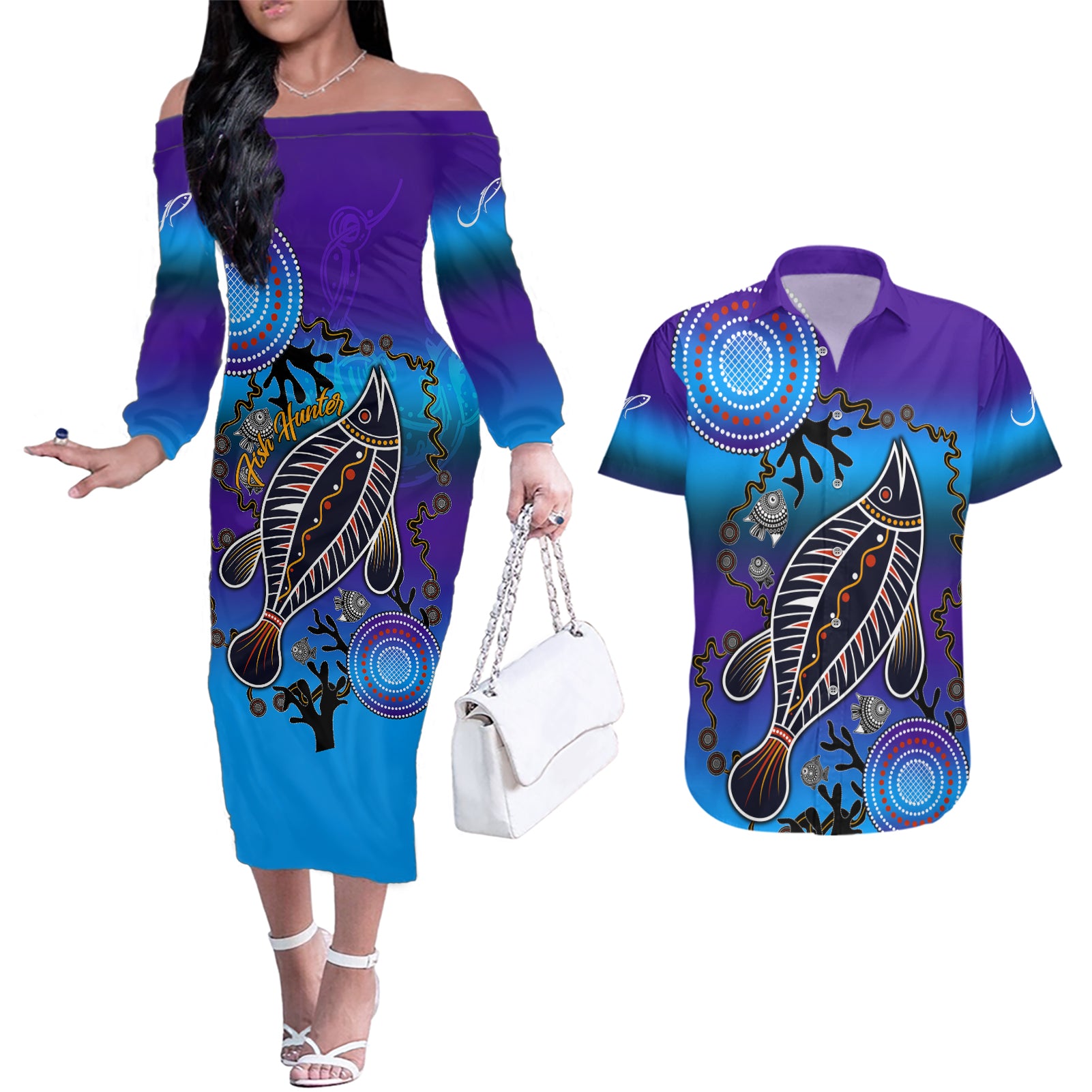 australia-fishing-couples-matching-off-the-shoulder-long-sleeve-dress-and-hawaiian-shirt-hooked-on-fishing-with-aboriginal-patterns