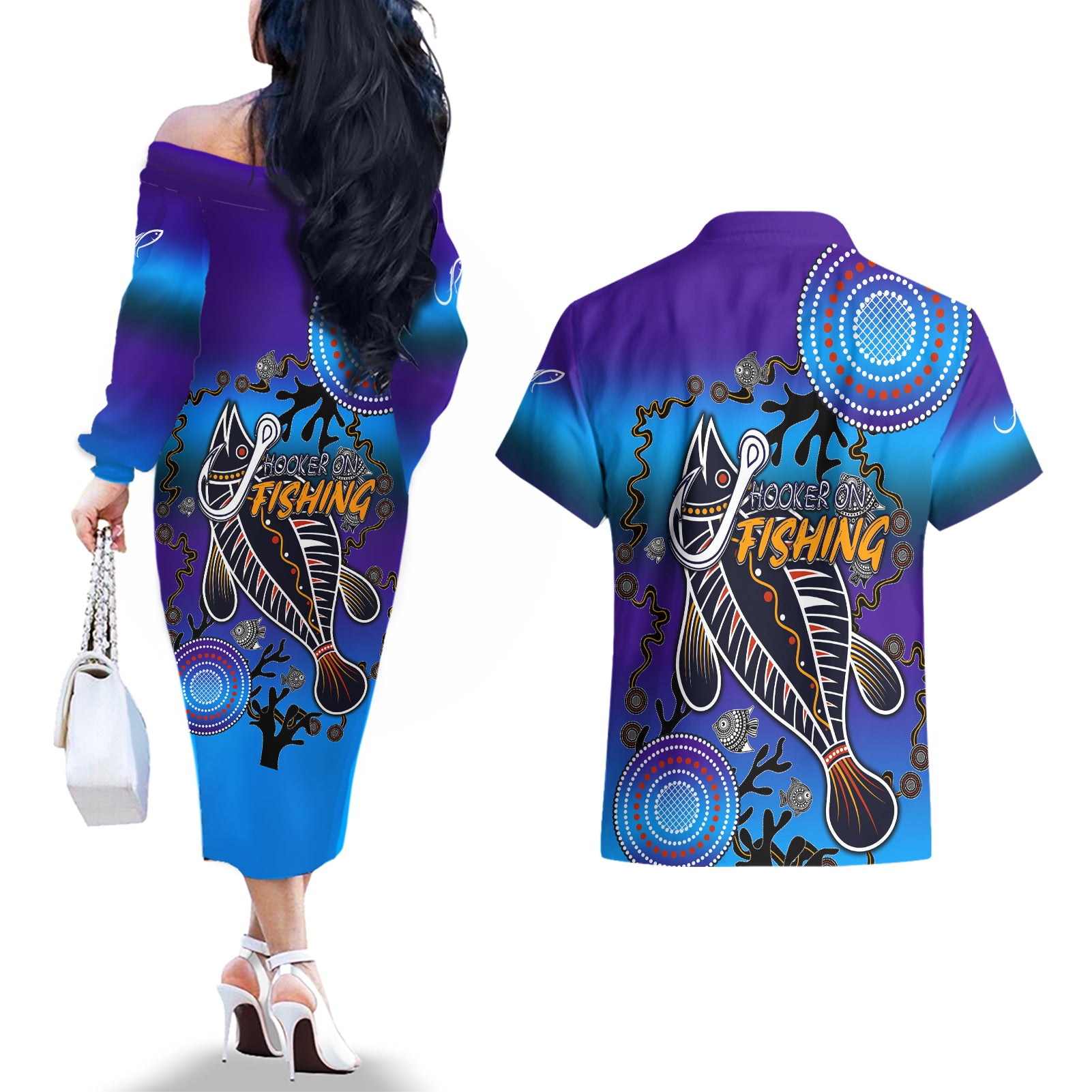 australia-fishing-couples-matching-off-the-shoulder-long-sleeve-dress-and-hawaiian-shirt-hooked-on-fishing-with-aboriginal-patterns