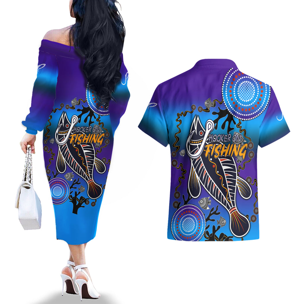 australia-fishing-couples-matching-off-the-shoulder-long-sleeve-dress-and-hawaiian-shirt-hooked-on-fishing-with-aboriginal-patterns