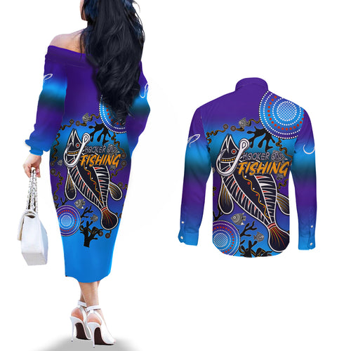 australia-fishing-couples-matching-off-the-shoulder-long-sleeve-dress-and-long-sleeve-button-shirts-hooked-on-fishing-with-aboriginal-patterns