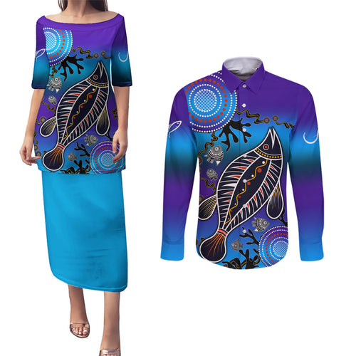 australia-fishing-couples-matching-puletasi-dress-and-long-sleeve-button-shirts-hooked-on-fishing-with-aboriginal-patterns