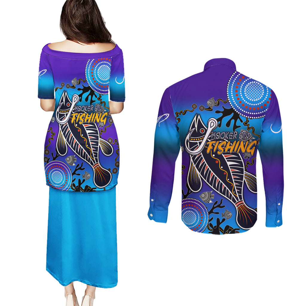 australia-fishing-couples-matching-puletasi-dress-and-long-sleeve-button-shirts-hooked-on-fishing-with-aboriginal-patterns