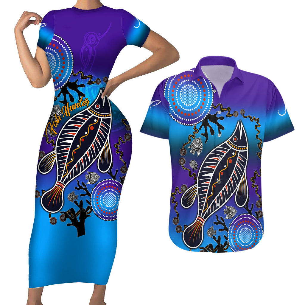 australia-fishing-couples-matching-short-sleeve-bodycon-dress-and-hawaiian-shirt-hooked-on-fishing-with-aboriginal-patterns