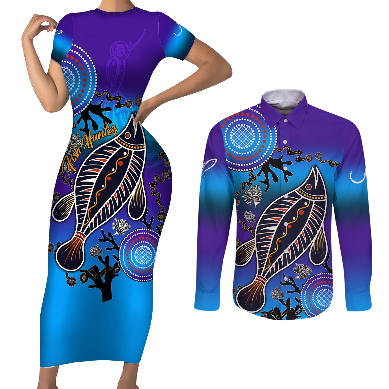 australia-fishing-couples-matching-short-sleeve-bodycon-dress-and-long-sleeve-button-shirts-hooked-on-fishing-with-aboriginal-patterns
