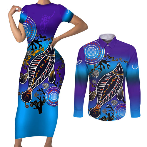 australia-fishing-couples-matching-short-sleeve-bodycon-dress-and-long-sleeve-button-shirts-hooked-on-fishing-with-aboriginal-patterns