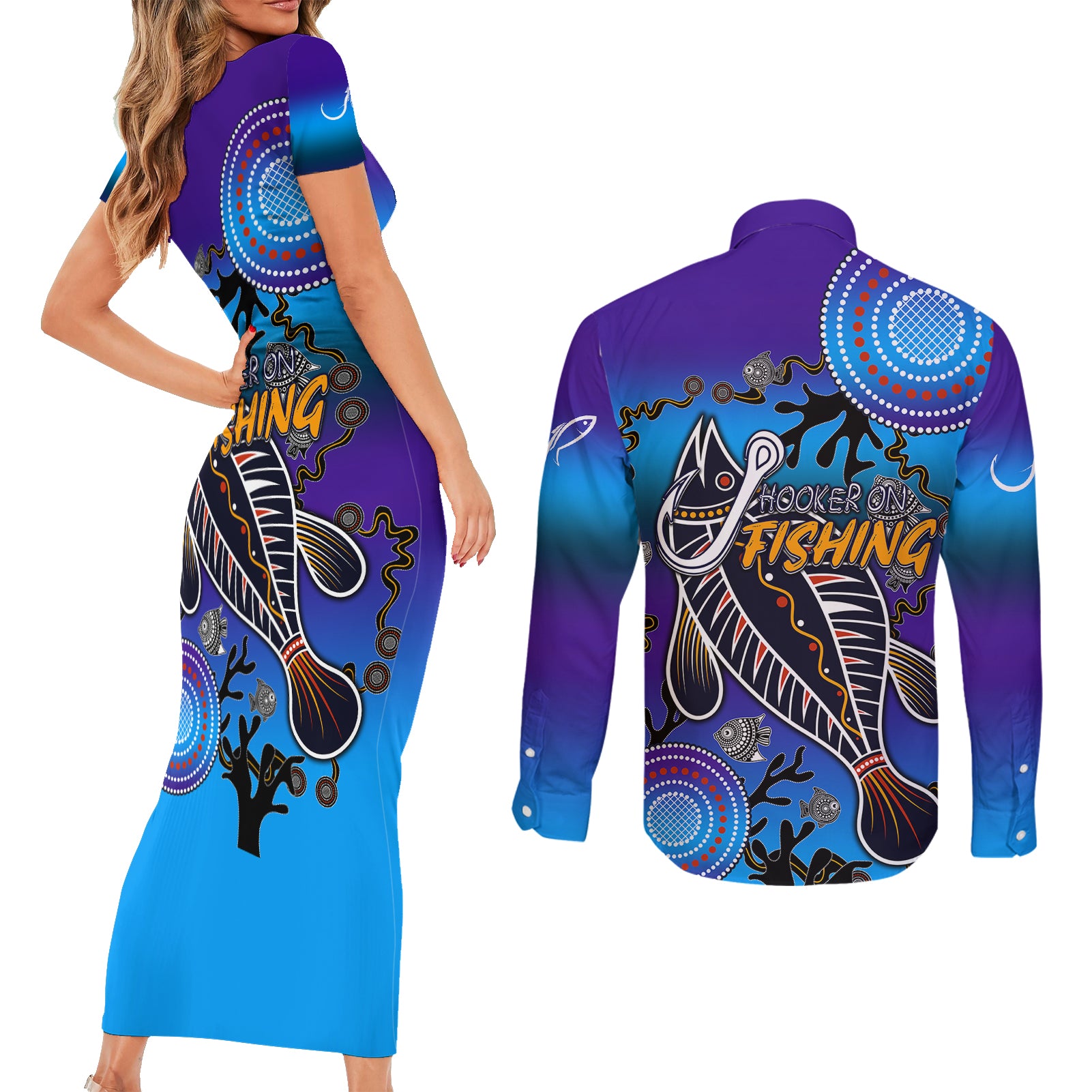 australia-fishing-couples-matching-short-sleeve-bodycon-dress-and-long-sleeve-button-shirts-hooked-on-fishing-with-aboriginal-patterns
