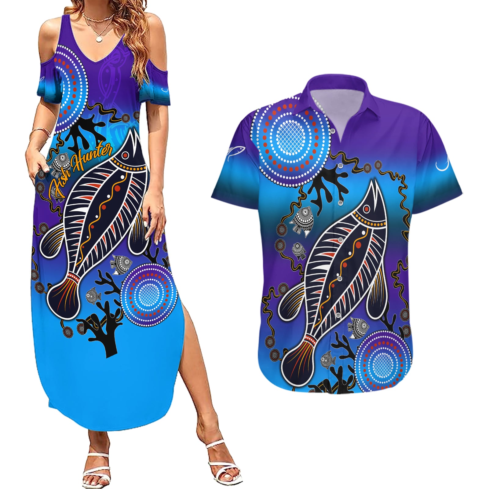 australia-fishing-couples-matching-summer-maxi-dress-and-hawaiian-shirt-hooked-on-fishing-with-aboriginal-patterns