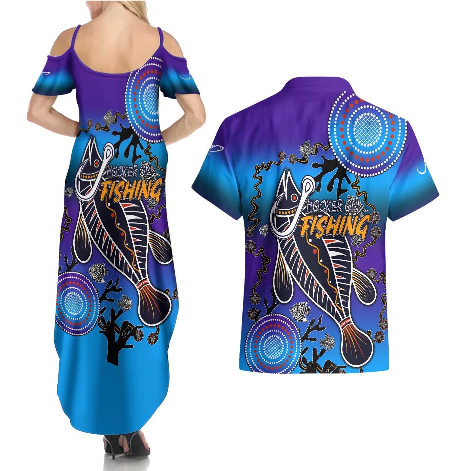 australia-fishing-couples-matching-summer-maxi-dress-and-hawaiian-shirt-hooked-on-fishing-with-aboriginal-patterns