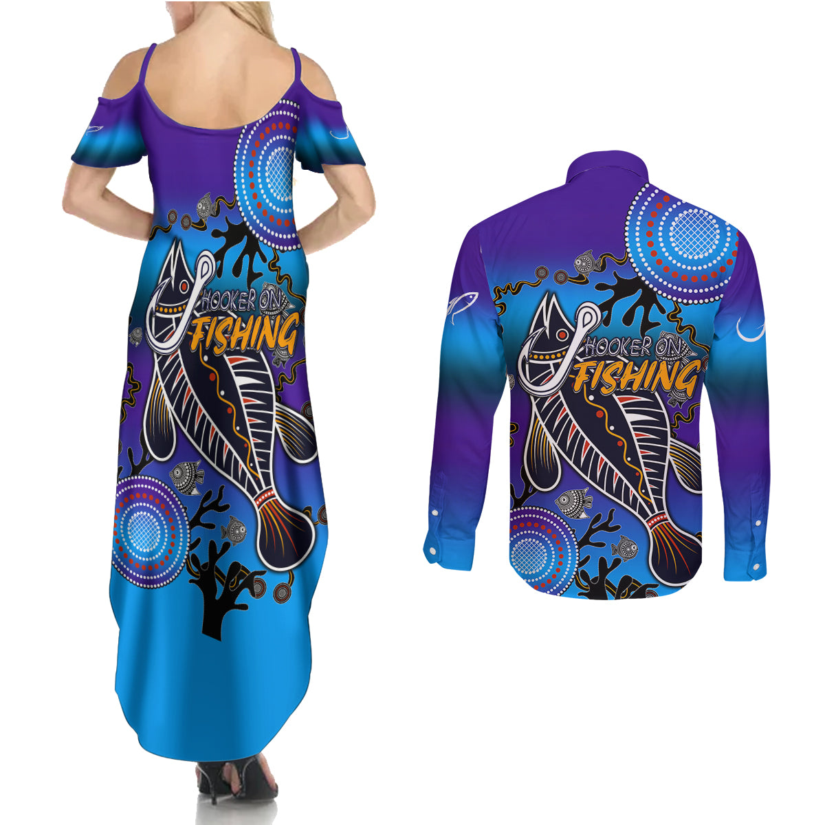 australia-fishing-couples-matching-summer-maxi-dress-and-long-sleeve-button-shirts-hooked-on-fishing-with-aboriginal-patterns