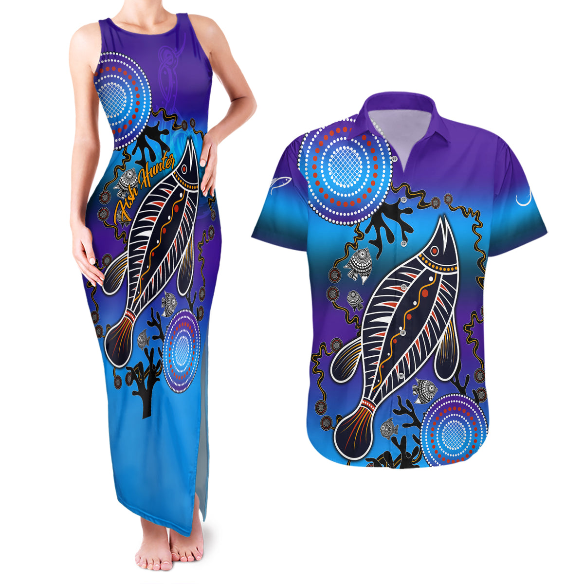 australia-fishing-couples-matching-tank-maxi-dress-and-hawaiian-shirt-hooked-on-fishing-with-aboriginal-patterns