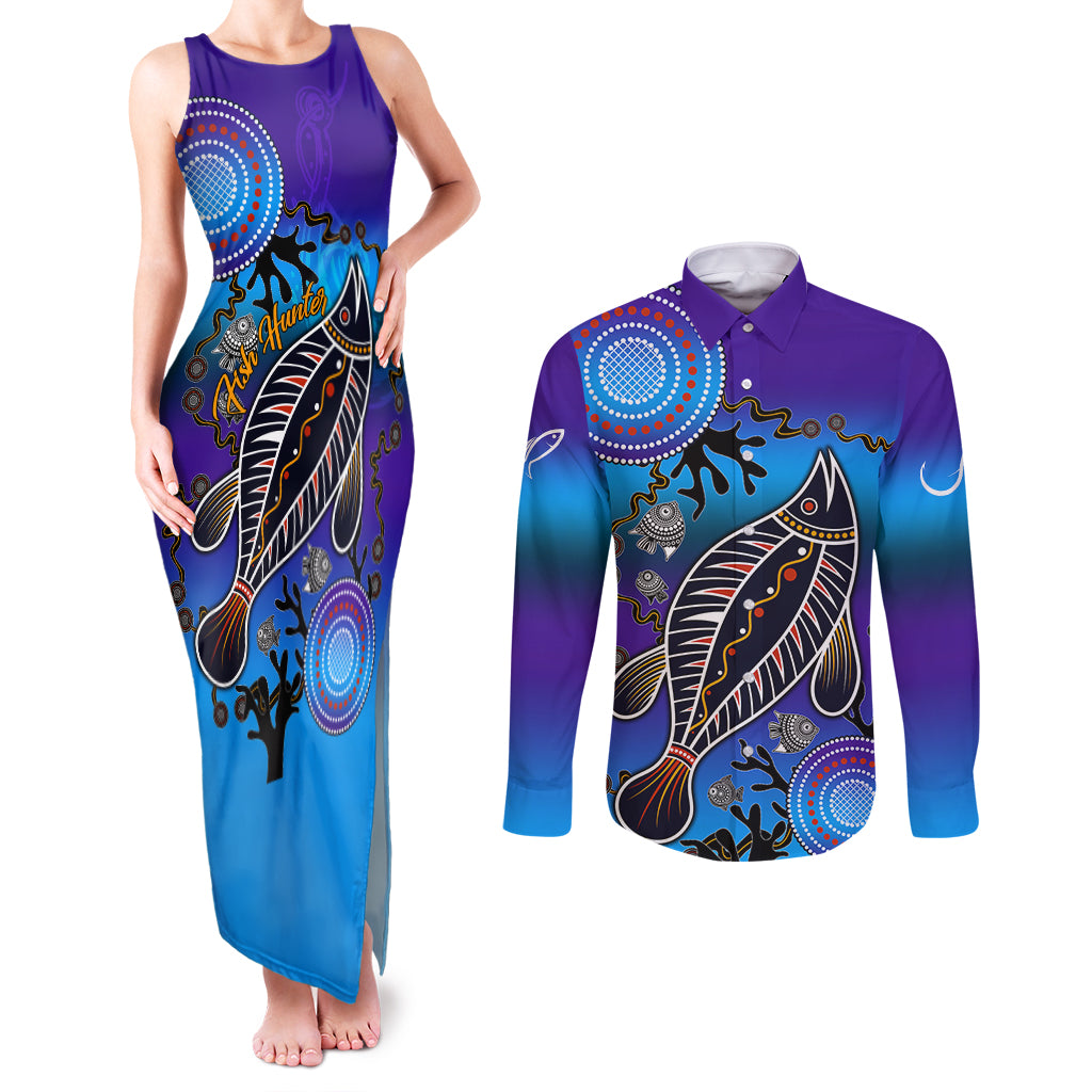 australia-fishing-couples-matching-tank-maxi-dress-and-long-sleeve-button-shirts-hooked-on-fishing-with-aboriginal-patterns