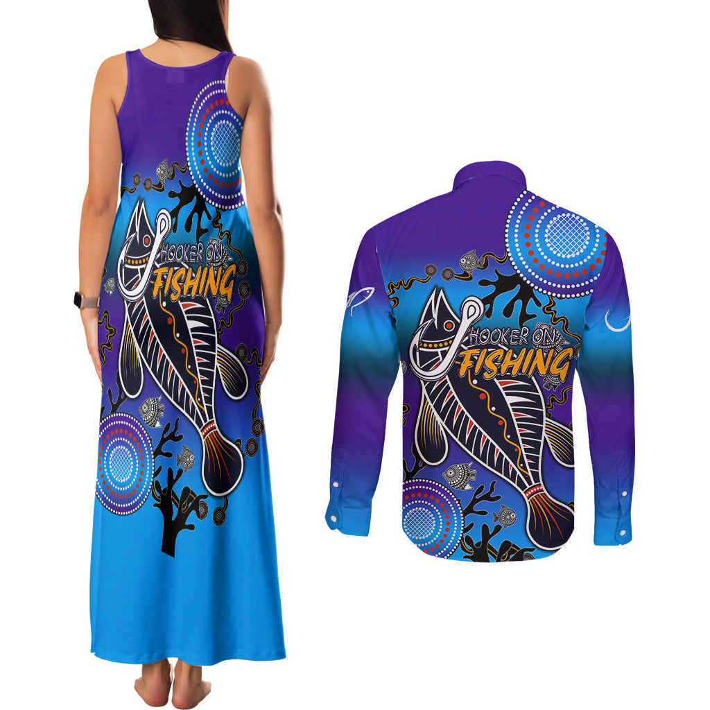 australia-fishing-couples-matching-tank-maxi-dress-and-long-sleeve-button-shirts-hooked-on-fishing-with-aboriginal-patterns