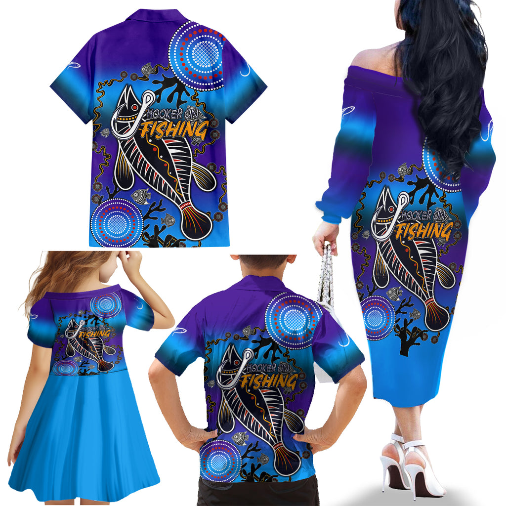 australia-fishing-family-matching-off-shoulder-long-sleeve-dress-and-hawaiian-shirt-hooked-on-fishing-with-aboriginal-patterns