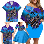 australia-fishing-family-matching-off-shoulder-short-dress-and-hawaiian-shirt-hooked-on-fishing-with-aboriginal-patterns