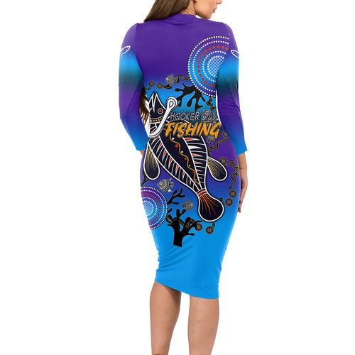 australia-fishing-long-sleeve-bodycon-dress-hooked-on-fishing-with-aboriginal-patterns